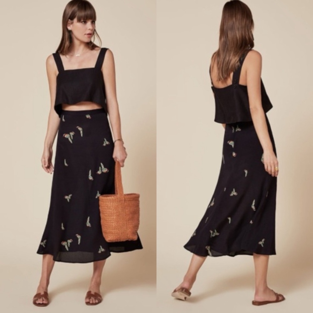 Reformation | Bea Skirt in Tui Black with Green Birds 8